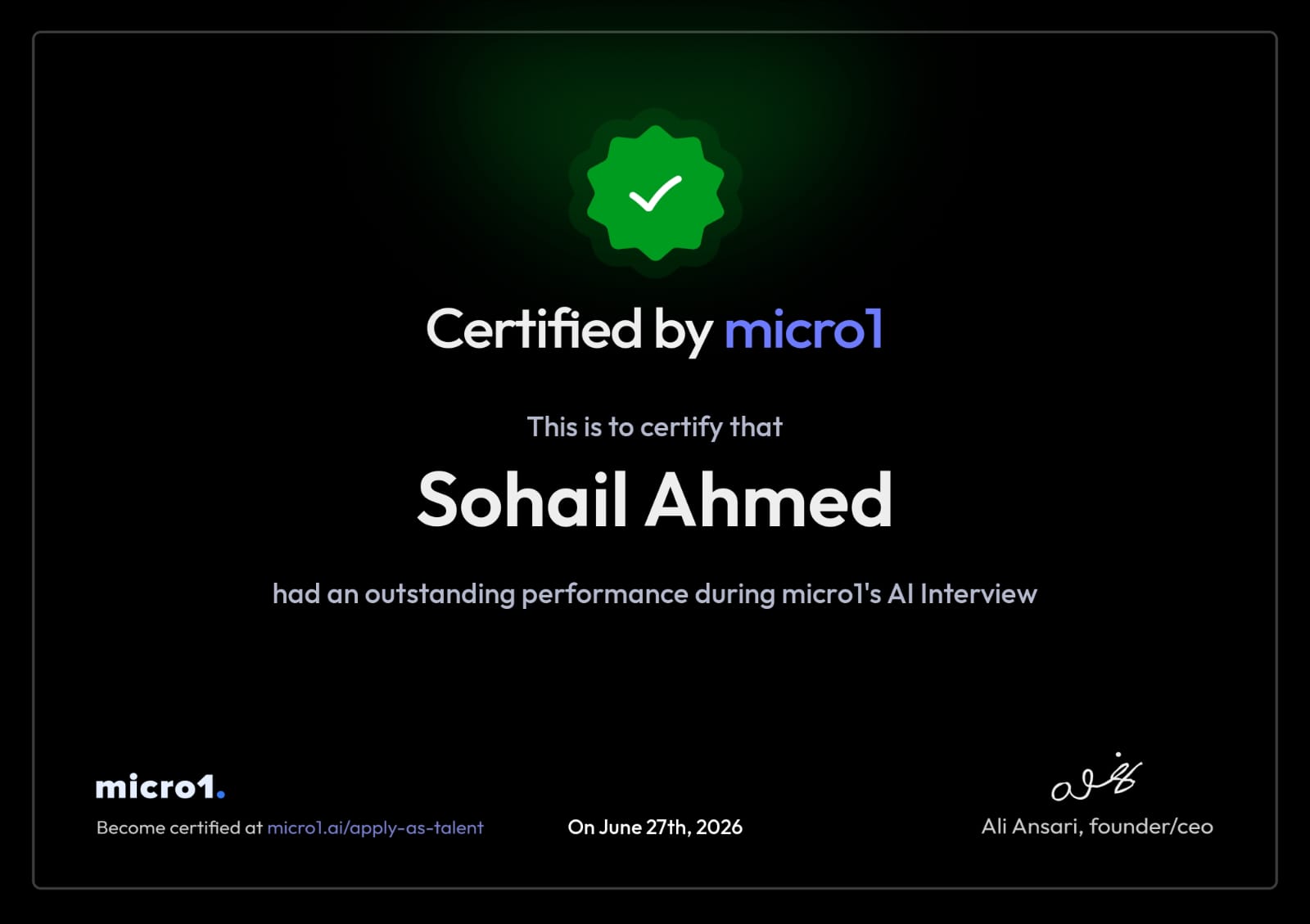 micro1 AI Interview Outstanding Performance Certificate